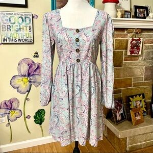 Mudd Long Sleeve Romantic Paisley Print Dress size medium square neck